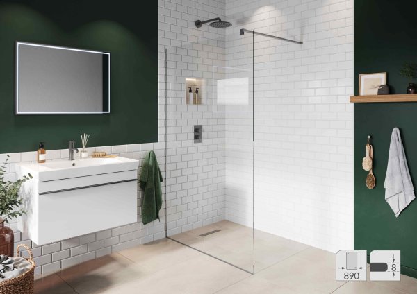 Abacus Elements 2000 x 890mm Fixed Wetroom Screen (8mm) with Wall Support & Matt Grey Recessed Channel
