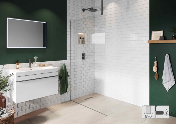 Abacus Elements 2000 x 890mm Fixed Wetroom Screen (10mm) with Ceiling Support & Matt Grey Recessed Channel