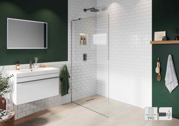 Abacus Elements 2000 x 990mm Fixed Wetroom Screen (10mm) with Inline Support & Matt Grey Recessed Channel