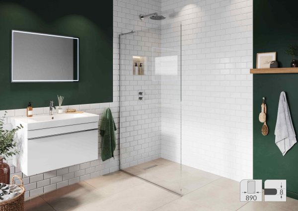 Abacus Elements 2000 x 890mm Fixed Wetroom Screen (8mm) with Inline Support & Polished Surface Channel