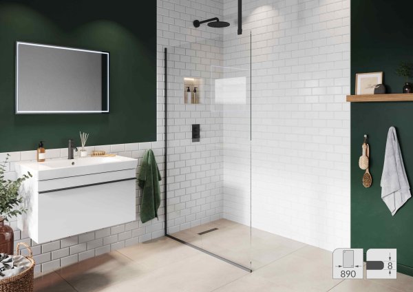Abacus Elements 2000 x 890mm Fixed Wetroom Screen (8mm) with Ceiling Support & Matt Black Surface Channel
