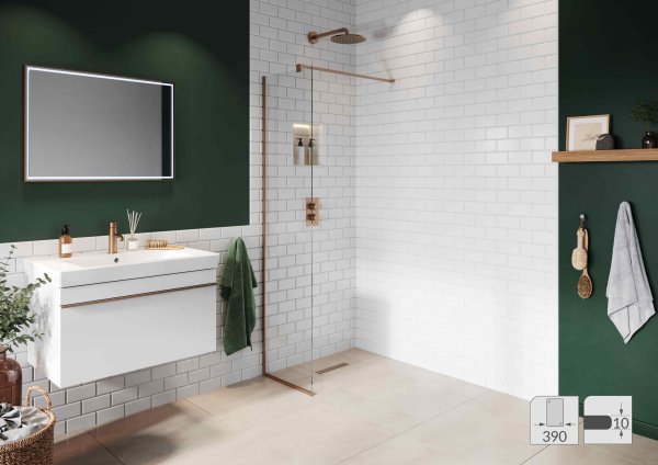 Abacus Elements 2000 x 390mm Fixed Wetroom Screen (10mm) with Wall Support & Brushed Bronze Surface Channel