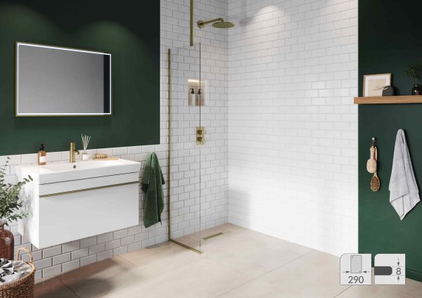 Abacus Elements 290mm Fixed Wetroom Screen (8mm) with Ceiling Support & Brushed Brass Surface Channel