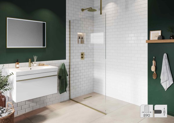Abacus Elements 890mm Fixed Wetroom Screen (8mm) with Ceiling Support & Brushed Brass Surface Channel