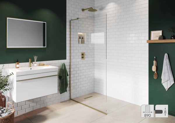 Abacus Elements 890mm Fixed Wetroom Screen (8mm) with Inline Support & Brushed Brass Surface Channel