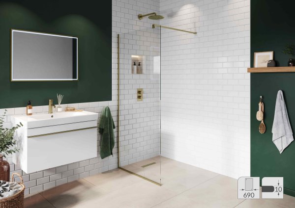 Abacus Elements 690mm Fixed Wetroom Screen (10mm) with Wall Support & Brushed Brass Surface Channel