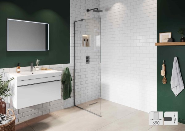 Abacus Elements 2000 x 690mm Fixed Wetroom Screen (8mm) with Inline Support & Matt Grey Surface Channel