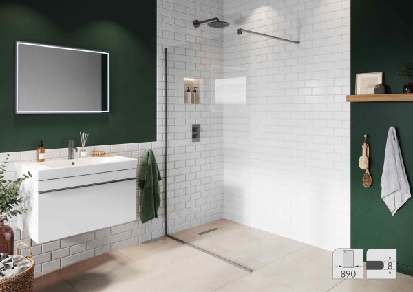 Abacus Elements 2000 x 890mm Fixed Wetroom Screen (8mm) with Wall Support & Matt Grey Surface Channel