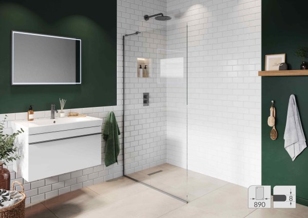 Abacus Elements 2000 x 890mm Fixed Wetroom Screen (8mm) with Inline Support & Matt Grey Surface Channel