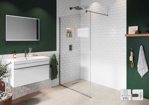 Abacus Elements 2000 x 990mm Fixed Wetroom Screen (8mm) with Wall Support & Matt Grey Surface Channel