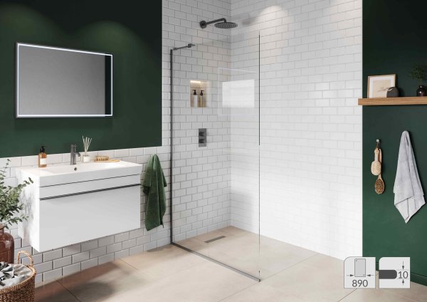 Abacus Elements 2000 x 890mm Fixed Wetroom Screen (10mm) with Inline Support & Matt Grey Surface Channel
