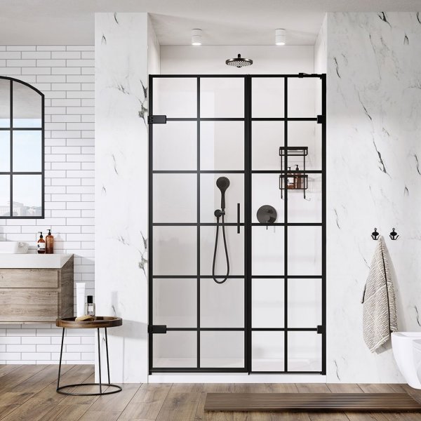 Roman Liberty Black Grid 10mm Hinged Door with One In-Line Panel 760mm Left Hand (Alcove Fitting)