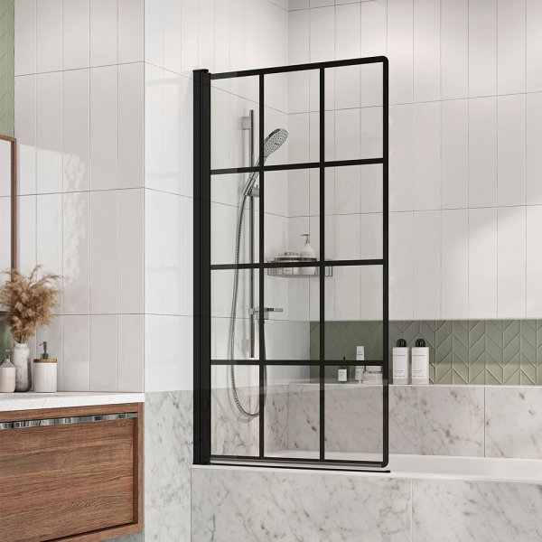 Roman Embrace Black Grid Hinged Bath Screen