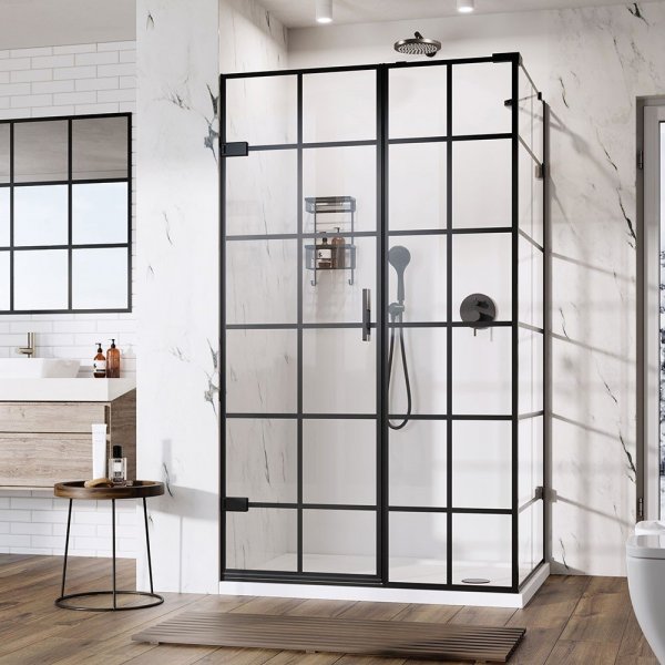 Roman Liberty Black Grid 10mm Hinged Door with One In-Line Panel 1200 x 900mm Left Hand (Corner Fitting)