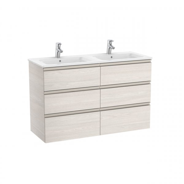 Roca The Gap Nordic Ash 1200mm 6 Drawer Wall Hung Vanity Unit with 2 Basins