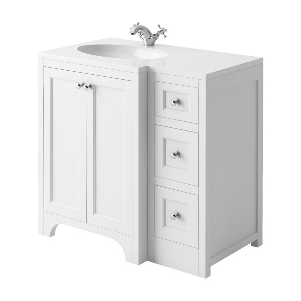 Harrogate Brunswick Arctic White 900mm Return Vanity Unit & White Solid Surface Basin - Left Hand