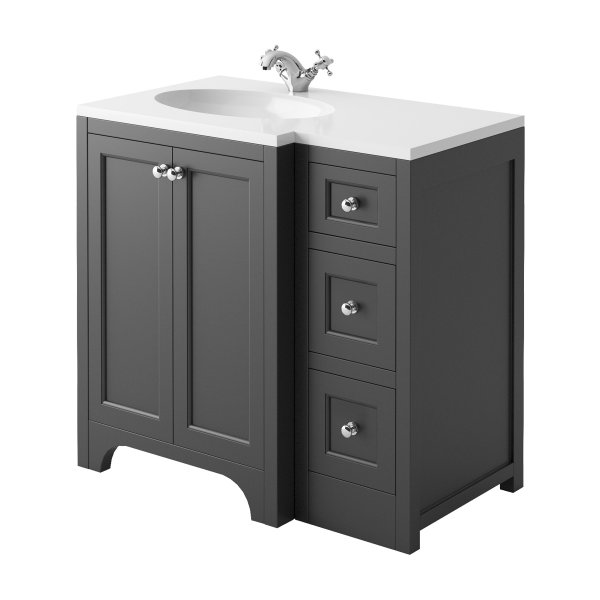 Harrogate Brunswick Spa Grey 900mm Return Vanity Unit & White Solid Surface Basin - Left Hand