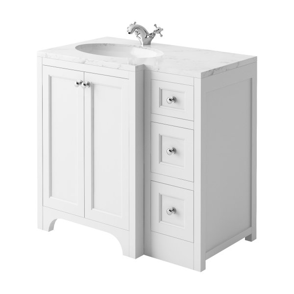 Harrogate Brunswick Arctic White 900mm Return Vanity Unit & Carrara Solid Surface Basin - Left Hand