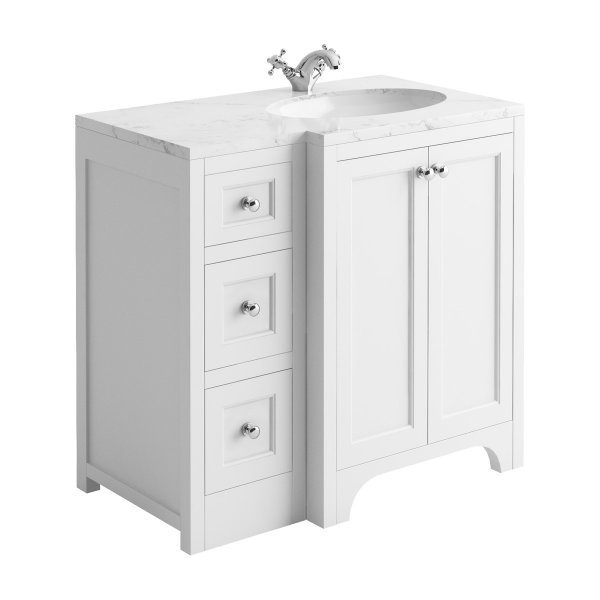 Harrogate Brunswick Arctic White 900mm Return Vanity Unit & Carrara Solid Surface Basin - Right Hand