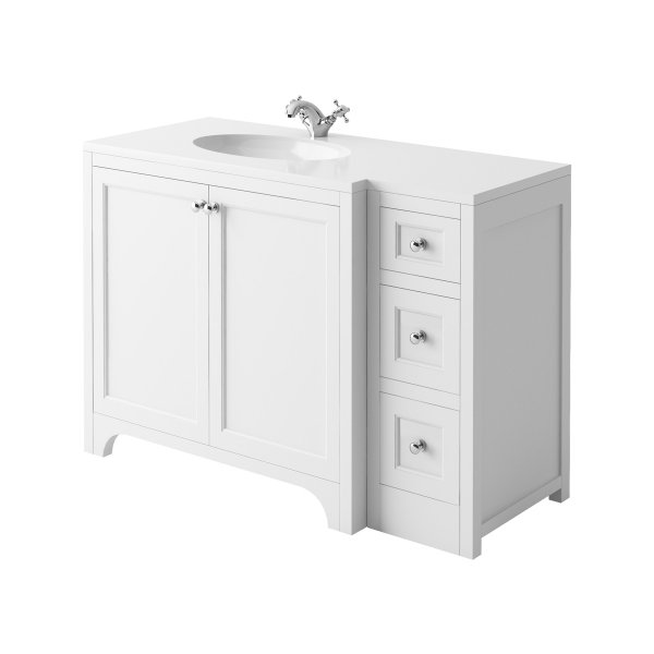 Harrogate Brunswick Arctic White 1200mm Return Vanity Unit & White Solid Surface Basin - Left Hand