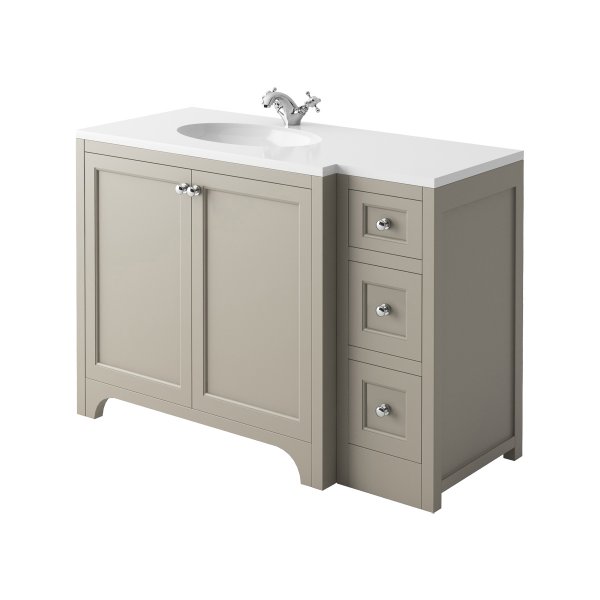 Harrogate Brunswick Dovetail Grey 1200mm Return Vanity Unit & White Solid Surface Basin - Left Hand