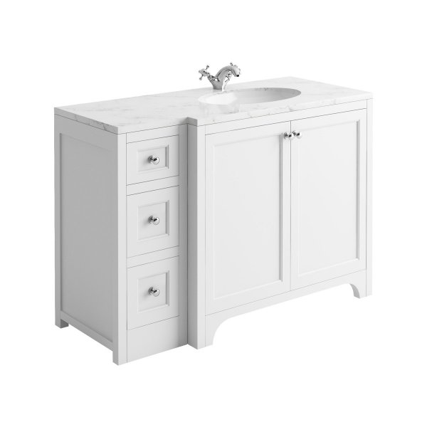 Harrogate Brunswick Arctic White 1200mm Return Vanity Unit & Carrara Solid Surface Basin - Right Hand