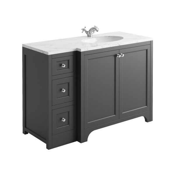 Harrogate Brunswick Spa Grey 1200mm Return Vanity Unit & Carrara Solid Surface Basin - Right Hand