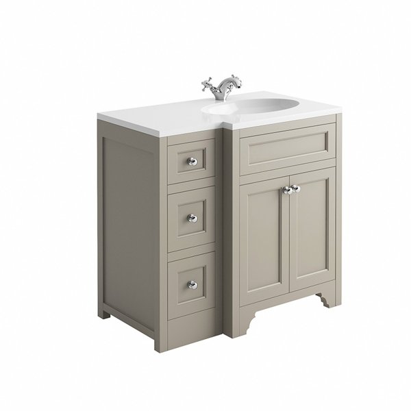 Harrogate Ripley Dovetail Grey 900mm Return Vanity Unit & White Solid Surface Basin - Right Hand