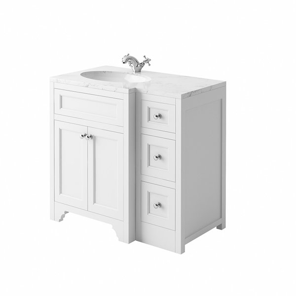 Harrogate Ripley Arctic White 900mm Return Vanity Unit & Carrara Solid Surface Basin - Left Hand