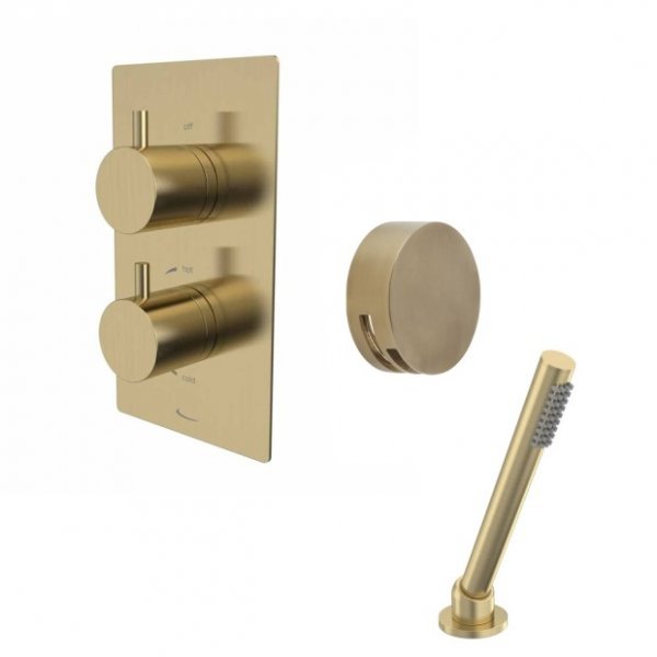 Tavistock Quantum Dual Function Shower System with O/F Bath Filler & Deck Mounted H/Set Brushed Brass