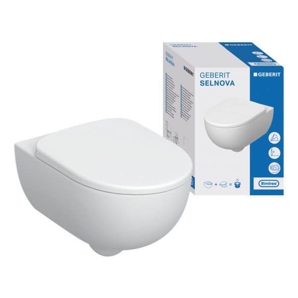 Geberit Selnova Rimless Shrouded Wall Hung Pan & Soft Close, Quick Release Seat Pack