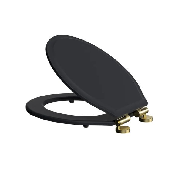 Tavistock Secure Fix Toilet Seat with Brushed Brass Hinges - Matt Black