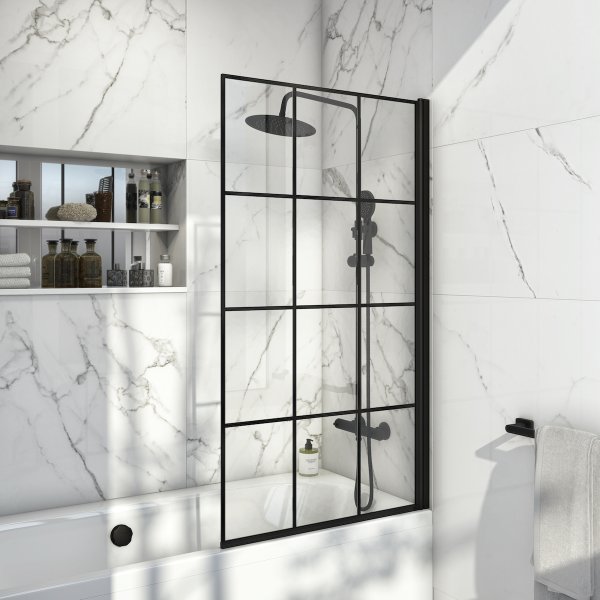 Scudo S6 1400mm x 800mm Square Edge Black Grid Bath Screen