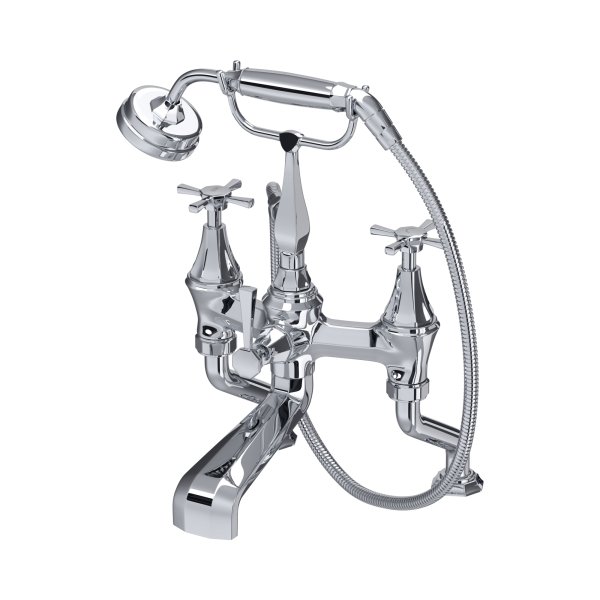 Perrin & Rowe Deco Deck-Mounted Bath-Shower Mixer with Handshower and Crosstop Handles - Chrome