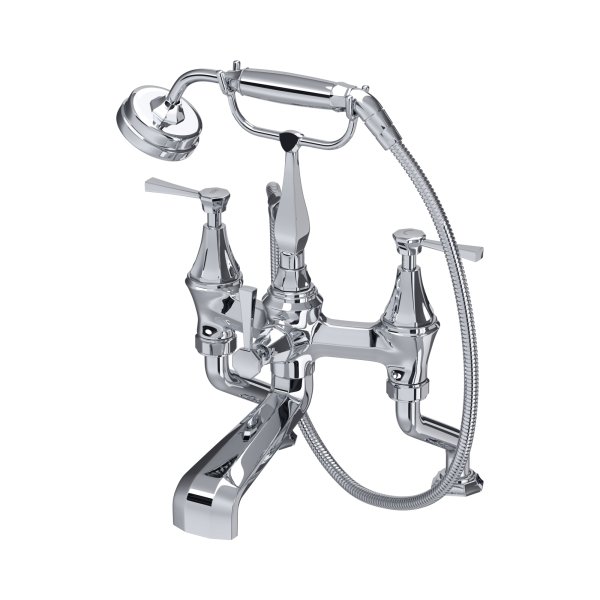 Perrin & Rowe Deco Deck-Mounted Bath-Shower Mixer with Handshower and Lever Handles - Chrome