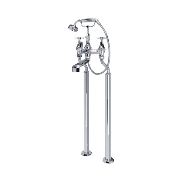 Perrin & Rowe Deco Floor-Mounted Bath-Shower Mixer with Handshower and Crosstop Handles - Chrome