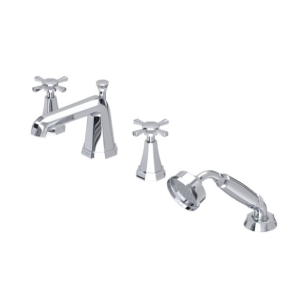 Perrin & Rowe Deco Four-Hole Bath-Shower Mixer with Crosstop Handles - Chrome