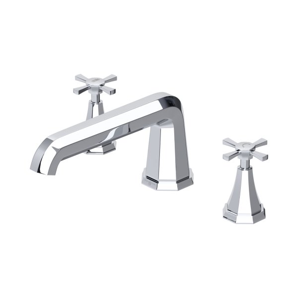 Perrin & Rowe Deco Three-Hole Deck-Mounted Bath Filler with Crosstop Handles - Chrome