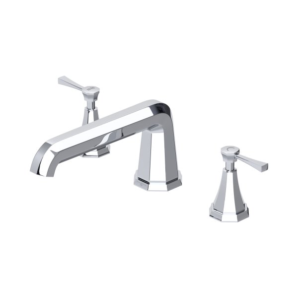 Perrin & Rowe Deco Three-Hole Deck-Mounted Bath Filler with Lever Handles - Chrome