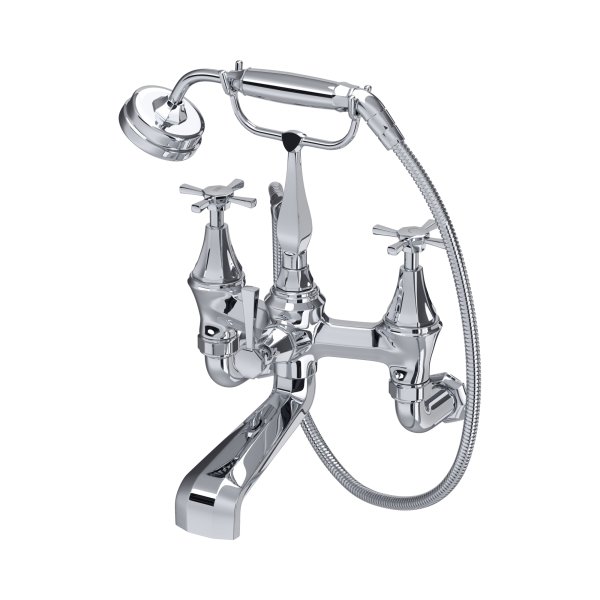 Perrin & Rowe Deco Wall-Mounted Bath-Shower Mixer with Handshower and Crosstop Handles - Chrome