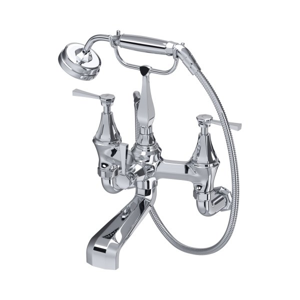 Perrin & Rowe Deco Wall-Mounted Bath-Shower Mixer with Handshower and Lever Handles - Chrome