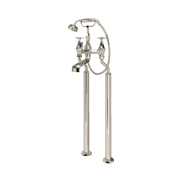 Perrin & Rowe Deco Floor-Mounted Bath-Shower Mixer with Handshower and Crosstop Handles - Nickel