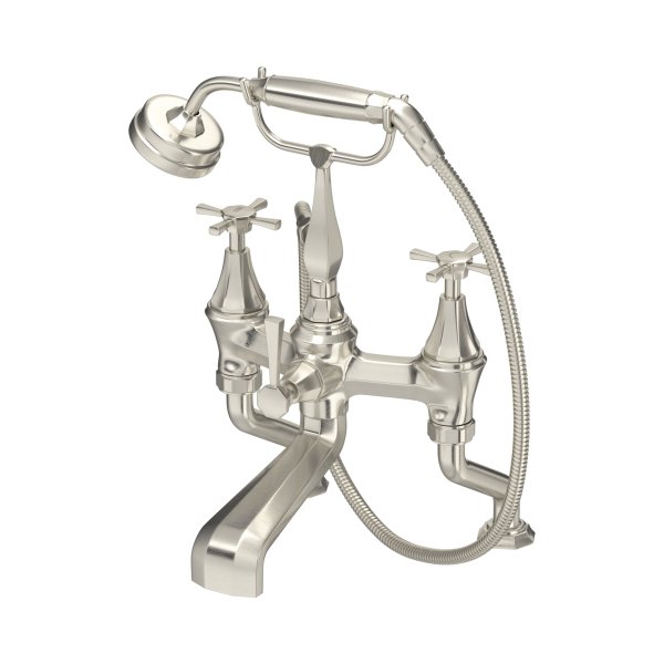 Perrin & Rowe Deco Deck-Mounted Bath-Shower Mixer with Handshower and Crosstop Handles - Pewter