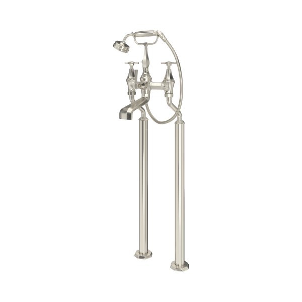 Perrin & Rowe Deco Floor-Mounted Bath-Shower Mixer with Handshower and Crosstop Handles - Pewter