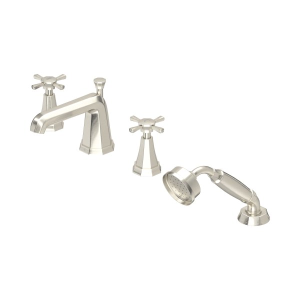 Perrin & Rowe Deco Four-Hole Bath-Shower Mixer with Crosstop Handles - Pewter