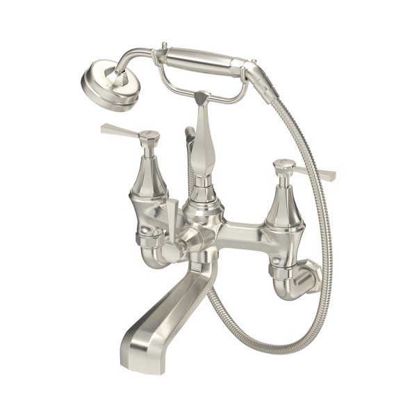 Perrin & Rowe Deco Wall-Mounted Bath-Shower Mixer with Handshower and Lever Handles - Pewter
