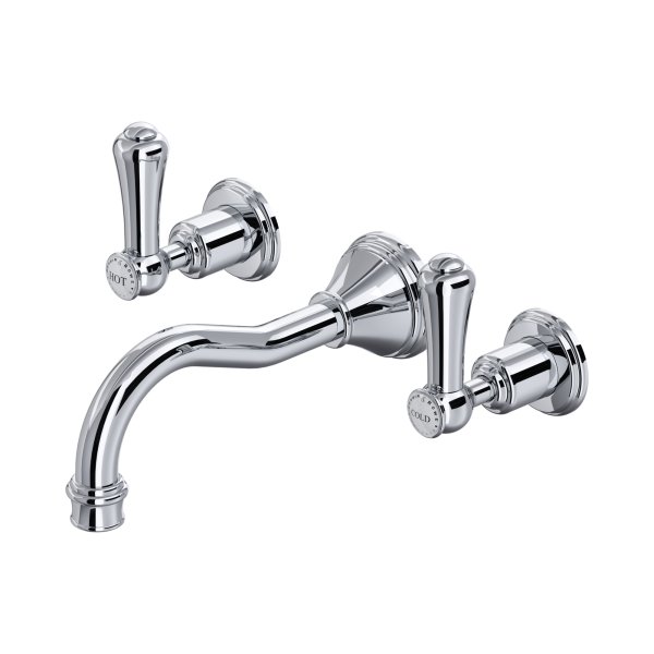 Perrin & Rowe Georgian Three-Hole Wall-Mounted Basin Mixer with Country Spout and Lever Handles - Chrome