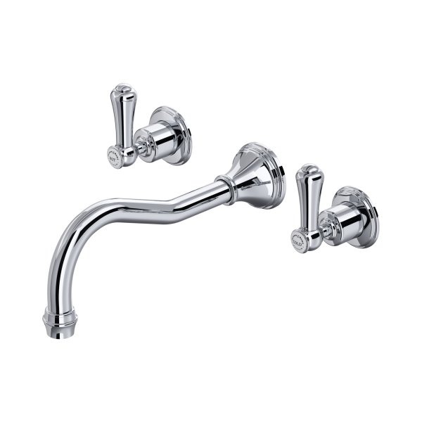 Perrin & Rowe Georgian Three-Hole Wall-Mounted Bath Filler with Country Spout and Lever Handles - Chrome