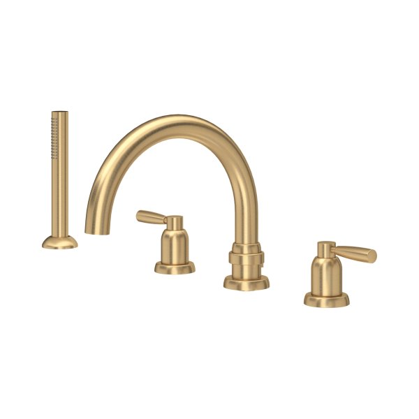 Perrin & Rowe Langbourn Four-Hole Deck-Mounted Bath Set with Handshower - Satin Brass