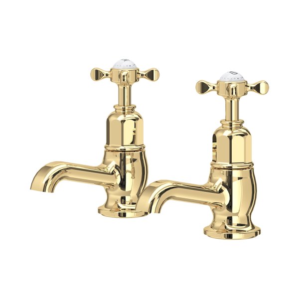 Perrin & Rowe Traditional Pair of Bath Pillar Taps (Crosstop Handles) - Polished Brass